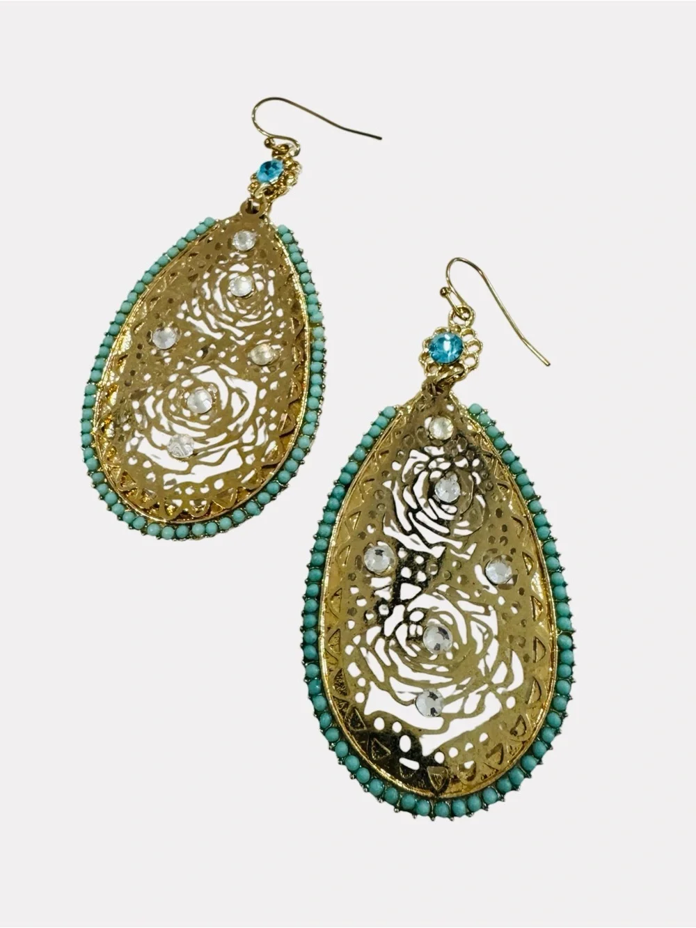 Boho Gold Tone Filigree Teardrop Earrings w/ Turquoise Bead Trim & Rhinestones